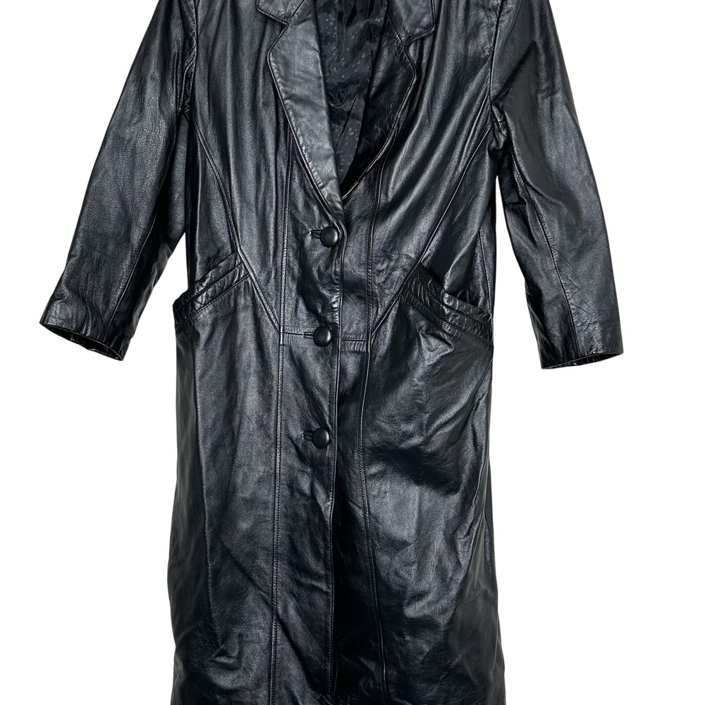 Vintage Donna Pelle PM Black Leather Long Trench Coat Grunge Emu Mobwife Matrix - Picture 3 of 8